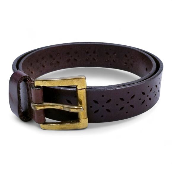 Leather Belt Brown Perforated Leather w/ Brass Buckle Made in India - Size M/L - Picture 3 of 6